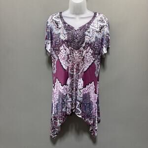 World Unity Paisley Embroidered Studded Tunic Top Stretch Sz L NWT